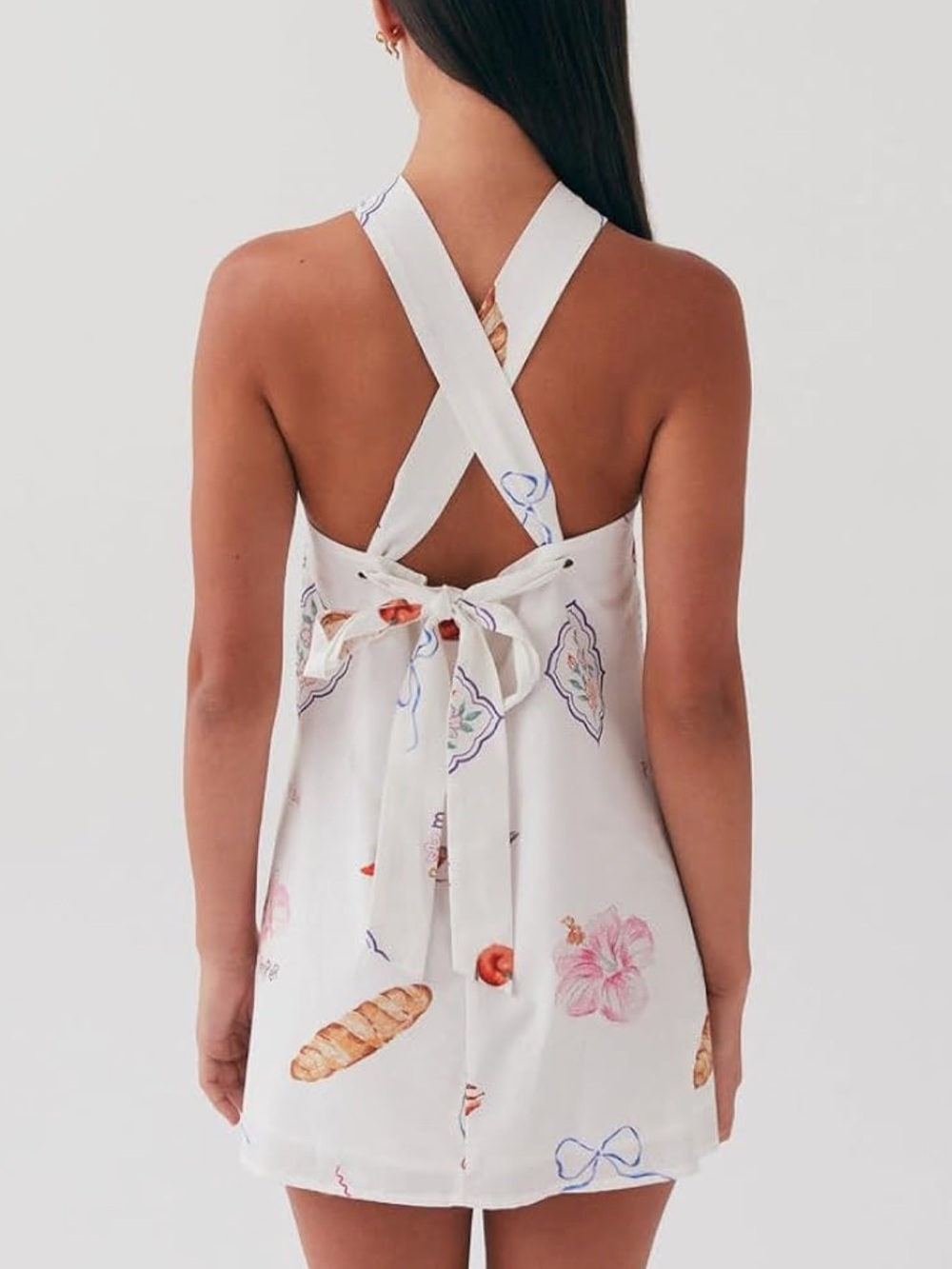 White Floral & Novelty Print Tie-Back Mini Dress